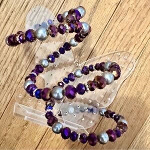 Elegant Vintage Purple and Silver Beaded Stretch Bracelet